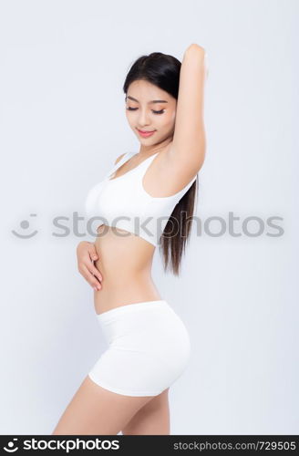 Portrait young asian woman smiling beautiful body diet with fit isolated on white background, model girl weight slim with cellulite or calories, health and wellness concept.