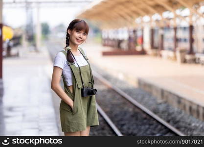 Portrait Young asian woman smiling tourist Traveler girl walking and with a holding the camera waits train travel journey is taken in railway platform Thailand, summer relax vacation Concept.