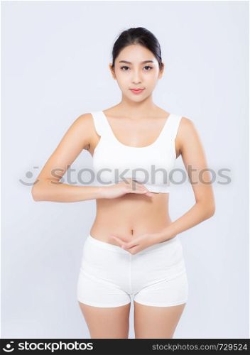 Portrait young asian woman weightloss smiling beautiful body diet with fit presenting something copy space on hand isolated on white background, girl weight slim with cellulite, health concept.
