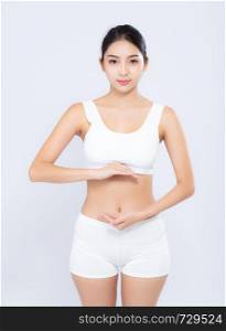 Portrait young asian woman weightloss smiling beautiful body diet with fit presenting something copy space on hand isolated on white background, girl weight slim with cellulite, health concept.