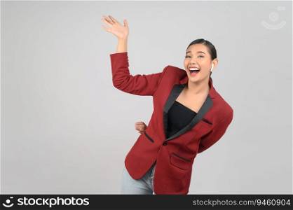 Portrait young beautiful woman in formal clothing for officer standing and open palm to presenting on empty space, isolated on white background,  copy space for insert your advertisement