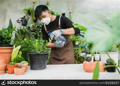 Portrait Young gardener man in face mask wearing gloves and apron spraying water on houseplants in pot, small business with tree or  Home gardening
