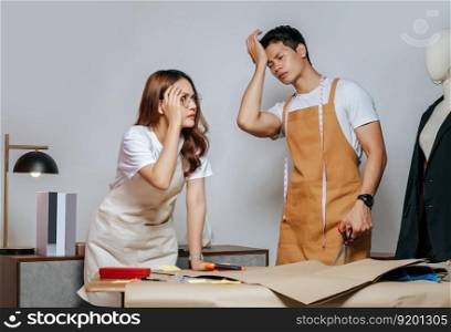 Portrait Young handsome man and pretty woman, Couple fashion designer has headache while use scissor cutting on paper clothing pattern at the studio at home