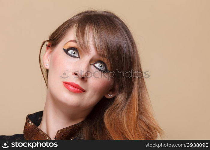 Portrait young orient eastern girl with perfect make-up. Woman wearing traditional indian clothing. Perfect makeup.