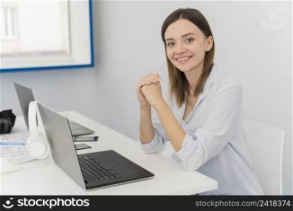 portrait young woman scientist her laptop