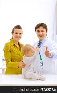 Portraits of baby, mother and pediatric doctor showing thumbs up&#xA;