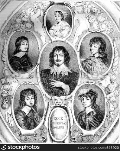 Portraits of Constantijn Huygens and his children by Van Dyck, the Musee de la Hague, vintage engraved illustration. Magasin Pittoresque 1861.