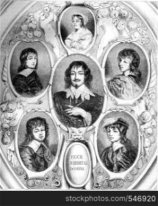Portraits of Constantijn Huygens and his children by Van Dyck, the Musee de la Hague, vintage engraved illustration. Magasin Pittoresque 1861.