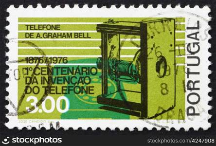 PORTUGAL - CIRCA 1976: a stamp printed in the Portugal shows Telephones 1876 and 1976, Centenary of first Telephone Call by Alexander Graham Bell, circa 1976