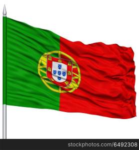 Portugal Flag on Flagpole , Flying in the Wind, Isolated on White Background