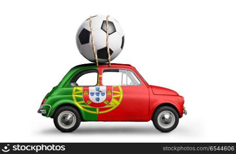 Portugal football car. Portugal flag on car delivering soccer or football ball isolated on white background