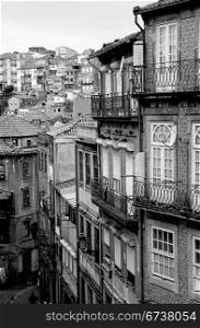 Portugal. Porto. Aerial view over the city in black and white