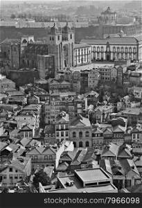 Portugal. Porto city. Aerial view over the city. In black and white