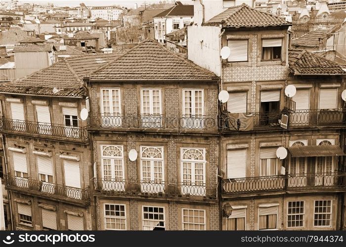 Portugal. Porto city. Aerial view over the city. In Sepia toned. Retro style