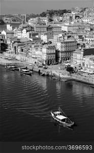 Portugal. Porto city. View of Douro river embankment in the morning in black and white
