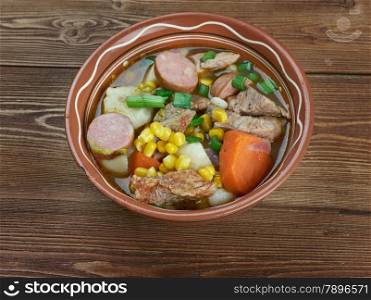 Portuguese cozido - traditional stew of different meats and vegetables.Portuguese and Spanish cuisine