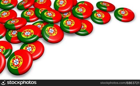 Portuguese flag on badges for Portugal national day events, holiday and celebration 3D illustration on white background with copy space.