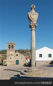 Portuguese Pillory and Church and bell tower from the 17th century at Freixo do Numao. Council of Vila Nova de Foz Coa. Portugal. Douro Region.