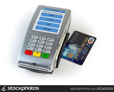 POS terminal with credit card isolated on white. 3d illustration