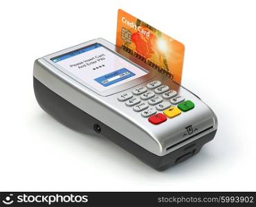 POS terminal with credit card isolated on white. Paying. 3d