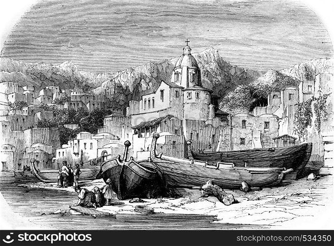 Positano, in the Gulf of Amalfi, vintage engraved illustration. Magasin Pittoresque 1855.