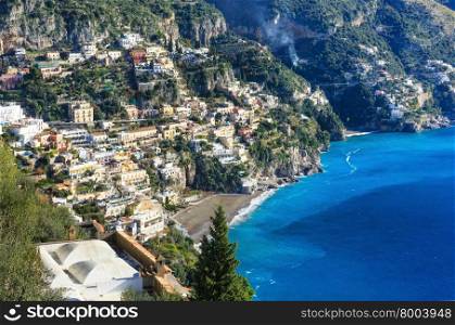Positano village coast view on rocky hill. Amalfi, Italy. January 2015.