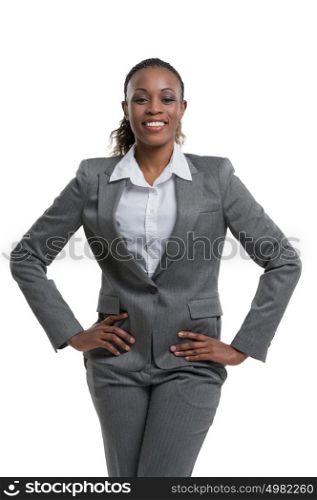 Positive african business woman portrait, isolated on white background