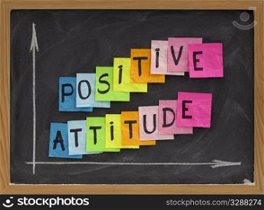 positive attitude concept - colorful sticky notes, handwriting and white chalk drawing on blackboard
