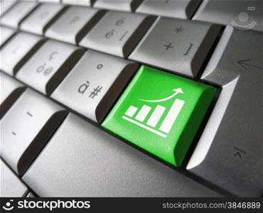 Positive business growth concept with growing bar graph and arrow icon and symbol on a green laptop computer key for Internet and online business.
