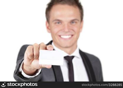 Positive businessman showing a white card against a white background