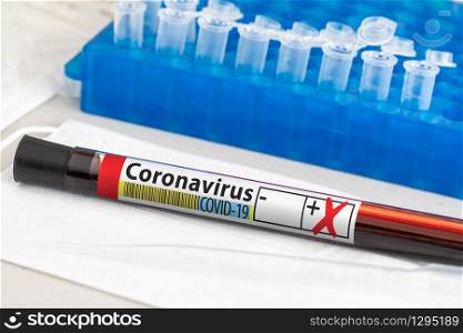 Positive Coronavirus Blood Test Tube Laying on Lab Table.