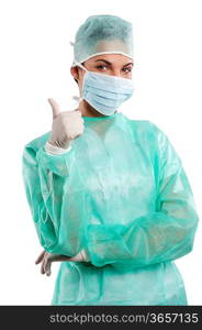 positive doctor woman in surgery dress making a sign with hand