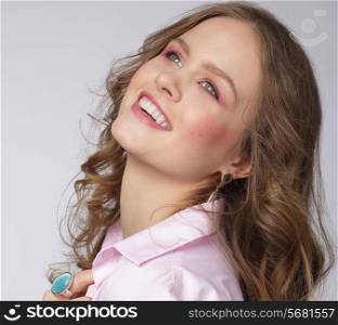 Positive Emotions. Delighted Attractive Woman Looking Up