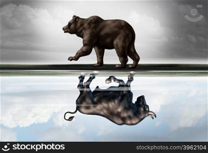 Positive financial outlook business concept as a bear casting a reflection of a forward moving bull as a hopeful forecast in stock market investing in a 3d illustration style.