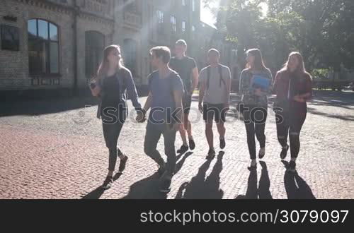 Positive group of college students going to lessons together on univesity campus. Young teenage friends with notebooks and books walking together on their way to college and talking in daylight. Slow motion. Stedicam stabilized shot.