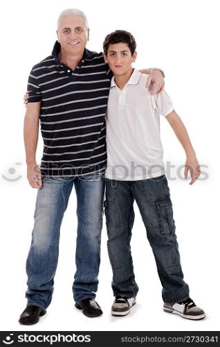 Positive image of a caucasian boy with his father on white background