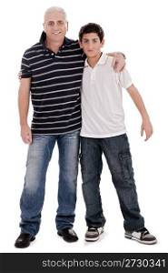 Positive image of a caucasian boy with his father on white background