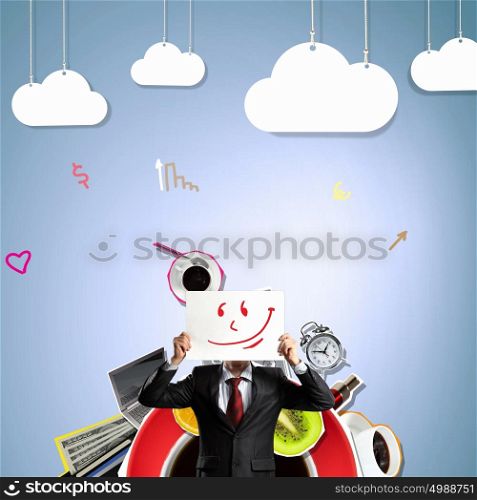 Positive life position. Businessman hiding his face behind paper list with smile