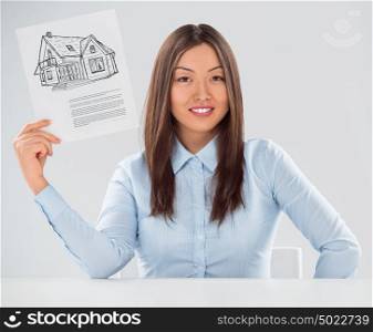Positive realty agent or credit broker holding contract on new house. Mortgage concept