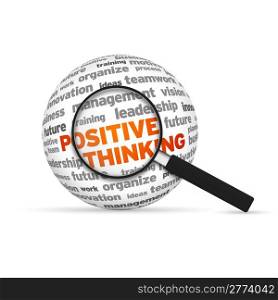 Positive Thinking 3d Word Sphere with magnifying glass on white background.
