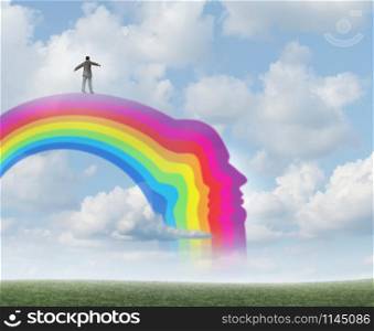 Positive thinking psychology and depression prevention and eudaimonia as living a happy good life as a mental health symbol for happier emotions with 3D illustration elements.