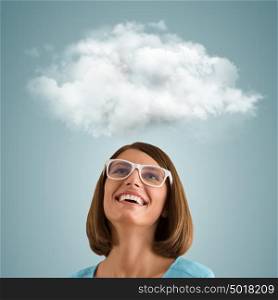 Positive woman looking at white cloud