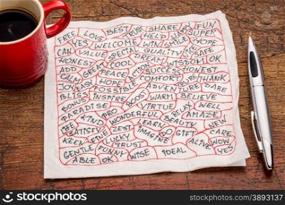 positive word cloud - handwriting on a napkin with a cup of coffee