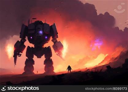 Post apocalypse concept, uprising of robots, battle of man and cyborg. Neural network AI generated art. Post apocalypse concept, uprising of robots, battle of man and cyborg. Neural network AI generated