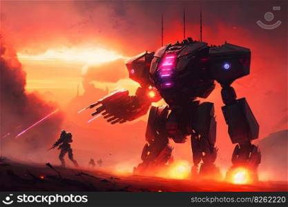 Post apocalypse concept, uprising of robots, battle of man and cyborg. Neural network AI generated art. Post apocalypse concept, uprising of robots, battle of man and cyborg. Neural network AI generated