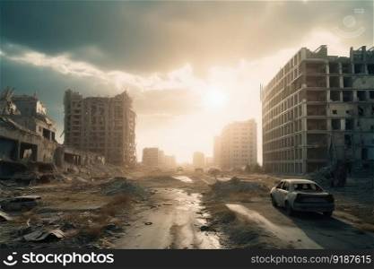 Post apocalyptic and destroyed buildings in a big city created with generative AI technology