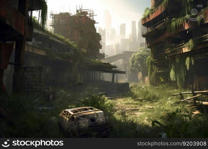 Post apocalyptic city street. Desert fire. Generate Ai. Post apocalyptic city street. Generate Ai