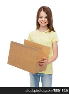 post office, transportation and people concept - smiling little girl with opened cardboard box