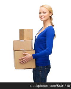 post, package and delivery concept - smiling woman in casual clothes with many parcel boxes