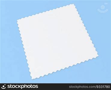 Postal paper white stamp on a blue background. 3d render illustration.. Postal paper white stamp on a blue background. 